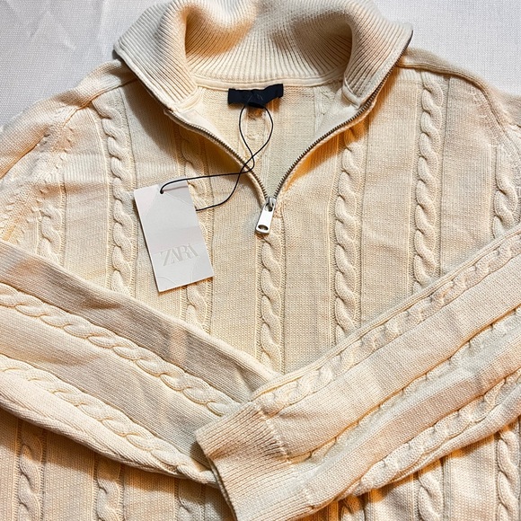 ZARA Women’s Cream Cotton Cable-knit Polo Dad Sweater with Zip Collar | XL NWT - Picture 12 of 13
